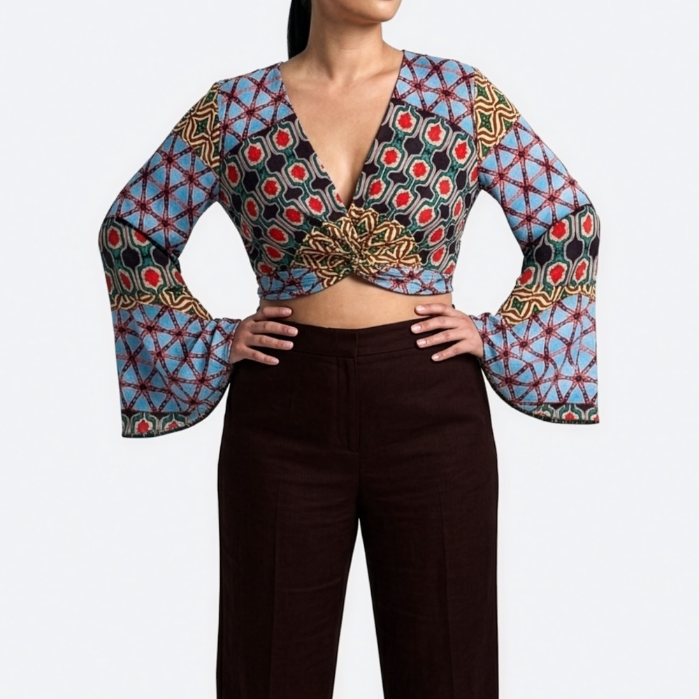 Zara Front Twist Crop Top Colorful Geometric Boho V-Neck Flared Sleeve 0X Large